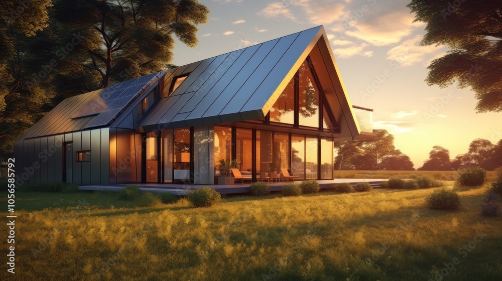 Modern House with Solar Panels and Sunset Views Modern House with Solar Panels and Sunset Views