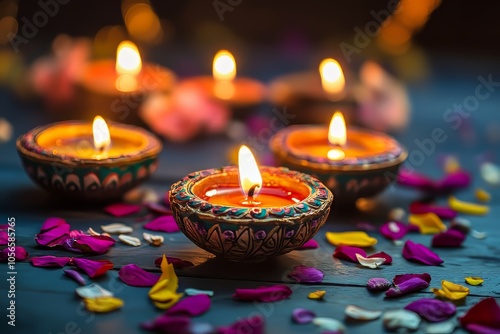 A group of candles in small bowls are lit on a table with a floral pattern photo