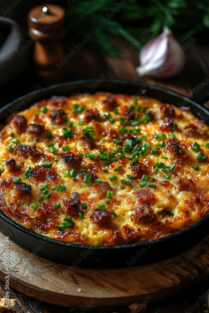 Savory Baked Dish with Toppings and Green Onions in a Cast Iron Skillet Savory Baked Dish with Toppings and Green Onions in a Cast Iron Skillet