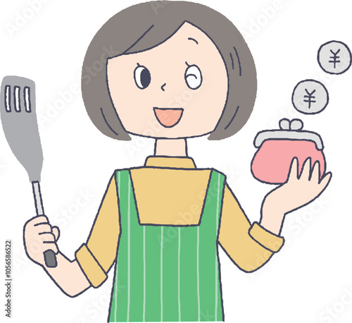 節約している主婦のイラスト