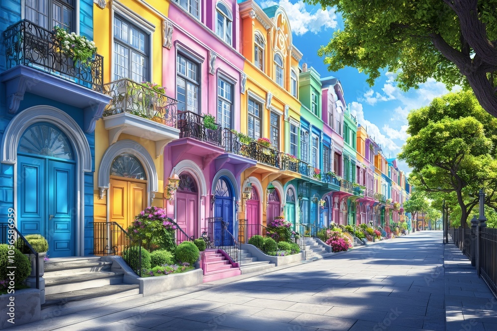 Fototapeta premium Colorful Row of Houses with Vibrant Doors