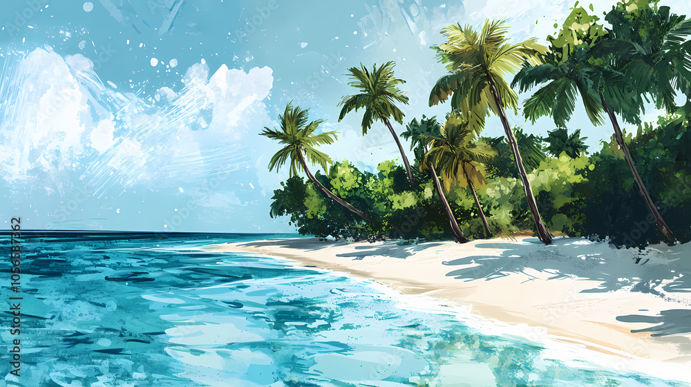 Crystal-clear waters lapping on a sandy shore with palm trees swaying in the gentle breeze. Tropical Island Shoreline. Illustration Crystal-clear waters lapping on a sandy shore with palm trees swaying in the gentle breeze. Tropical Island Shoreline. Illustration