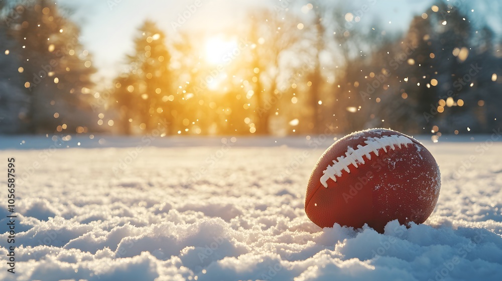 Football in snowy field with bright sunlight,winter sports concept