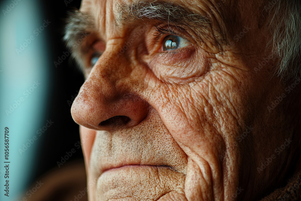 Close-up of an elderly man’s wrinkled face, his expression thoughtful as he looks into the distance