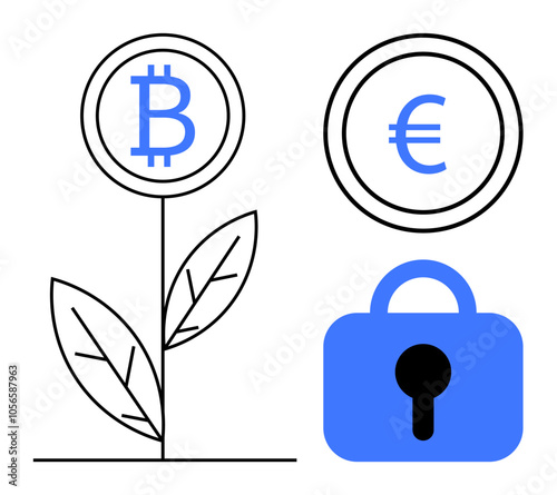 Bitcoin symbol growing as a plant, beside a Euro symbol, above a lock icon