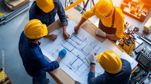 A group of construction workers in yellow hard hats collaborate over blueprints on a table, discussing plans for a project.