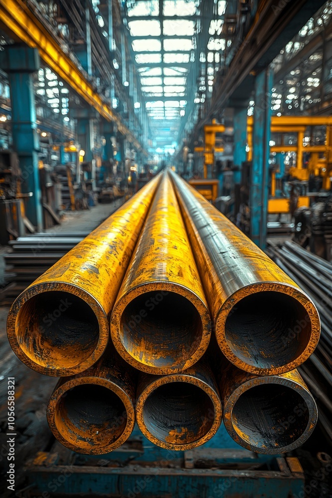 Close-up of Yellow Steel Pipes in a Manufacturing Facility Close-up of Yellow Steel Pipes in a Manufacturing Facility