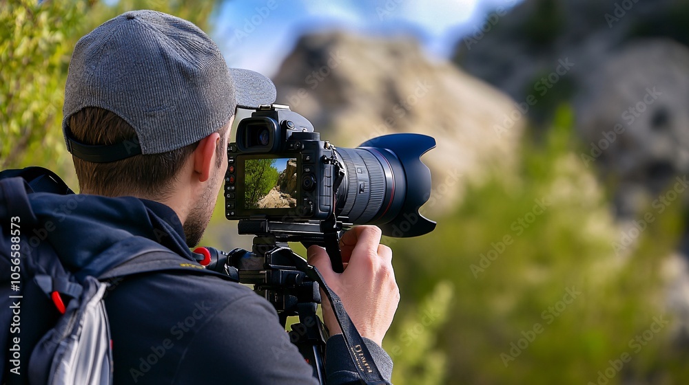 A photographer captures nature with a DSLR camera, focusing on the stunning landscape in the background, surrounded by greenery and rocky formations. A photographer captures nature with a DSLR camera, focusing on the stunning landscape in the background, surrounded by greenery and rocky formations.