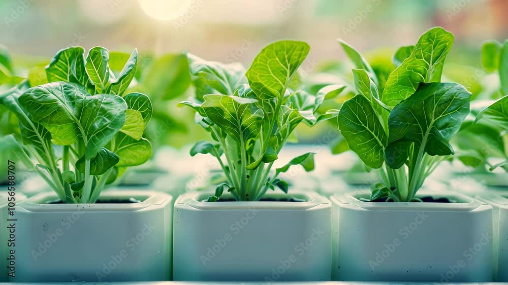Vibrant green lettuce seedlings growing in white containers, healthy agriculture in a modern greenhouse setting. Vibrant green lettuce seedlings growing in white containers, healthy agriculture in a modern greenhouse setting.