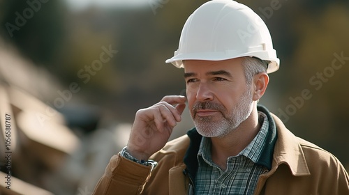 A thoughtful construction worker wearing a hard hat, engaged in conversation, surrounded by a worksite in a natural setting.