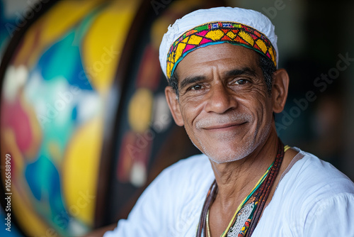 Portrait of a Brazilian Capoeira artist in traditional attire, Brazil photo