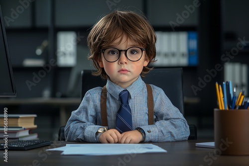 Serious Child Seated at Desk with Glasses and Tie photo