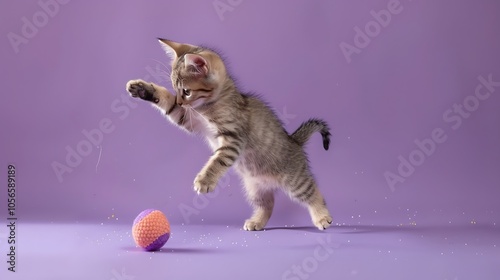 Cat jumping on a squeaky toy on pruple background photo