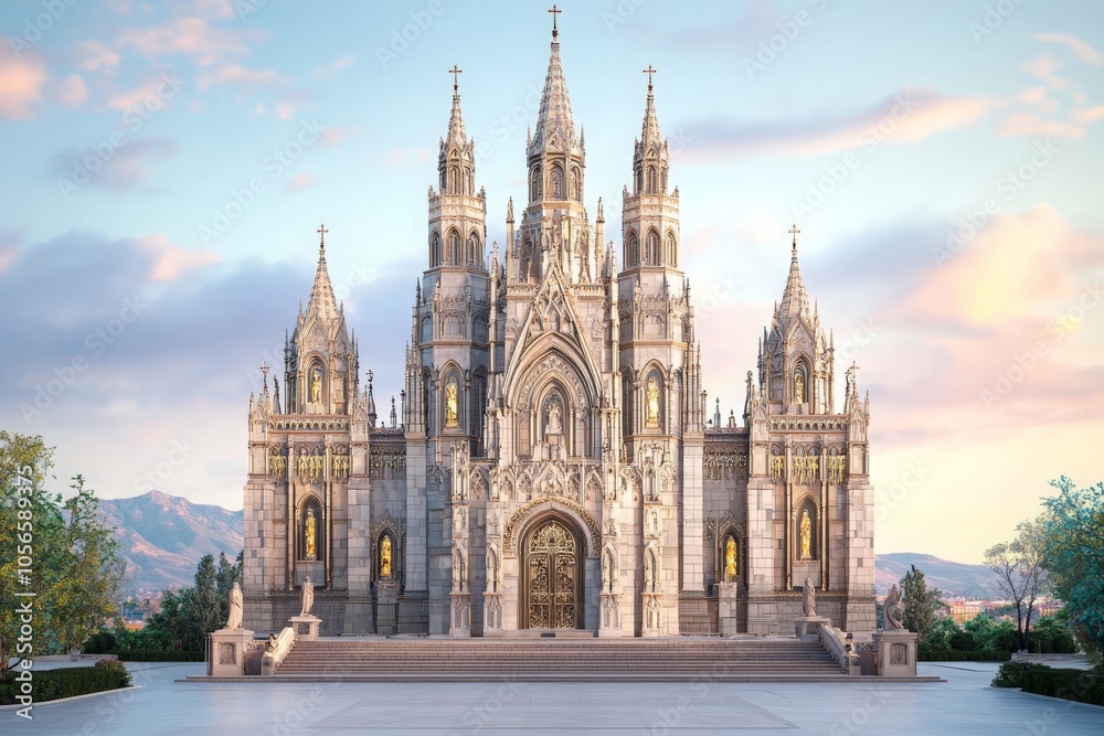 Fototapeta premium Grand Cathedral with Towering Steeples at Dusk