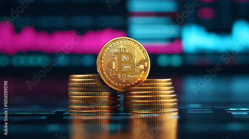 Close-up of Bitcoin coins stacked with a digital trading chart in the background, emphasizing cryptocurrency market trends and financial investments. photo