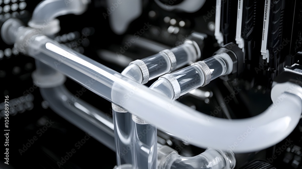 Obraz premium Sleek Liquid Cooling Pipes in High-Tech Computer System