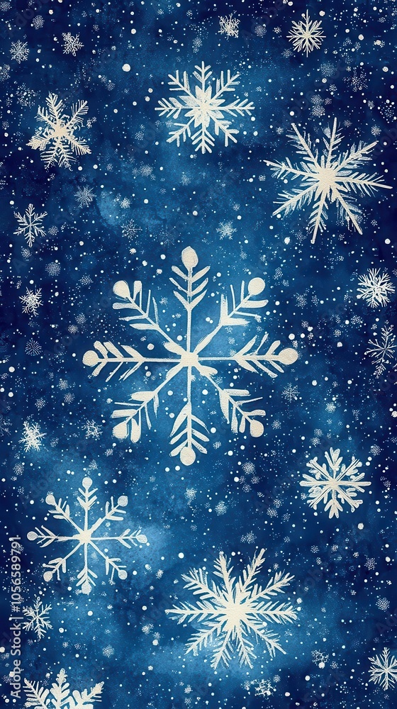 delicate white snowflakes scattered on a simple blue background emphasizing their unique symmetrical patterns in a seamless design creating an enchanting winter wallpaper effect delicate white snowflakes scattered on a simple blue background emphasizing their unique symmetrical patterns in a seamless design creating an enchanting winter wallpaper effect