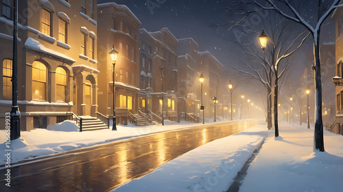 Winter city street at night with fresh snow covering the pavement, soft yellow streetlights casting a warm glow, and empty sidewalks creating a quiet, peaceful urban winter scene.