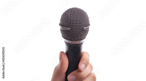 News reporter s hand gripping a microphone set against a white background photo