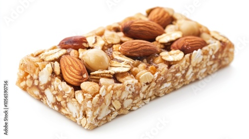 Nut and oat bar on white background Wholesome snack option