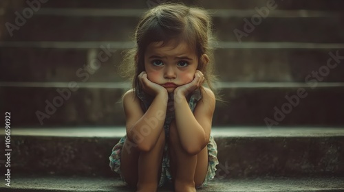 Pensive Young Girl Sitting on Steps with Thoughtful Expression