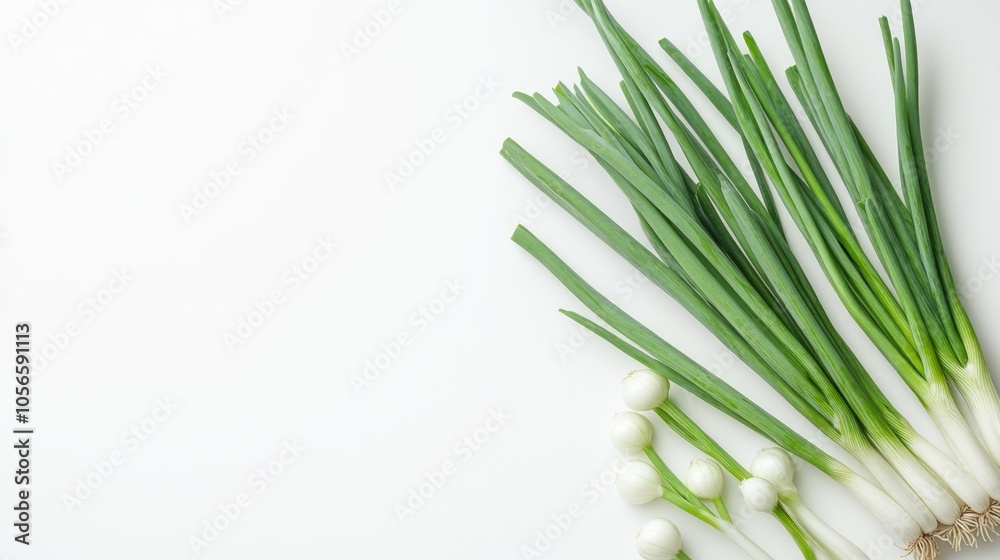 Fresh green spring onions against a pristine white backdrop Fresh green spring onions against a pristine white backdrop