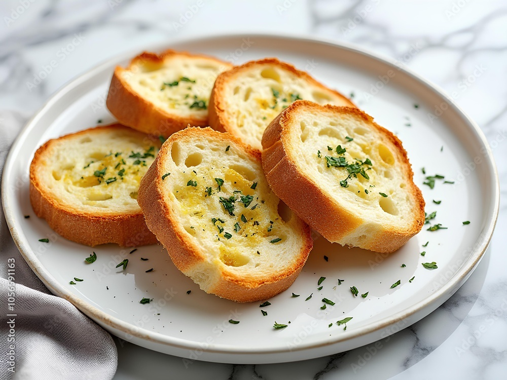 Garlic bread on a ceramic plate on top of a white marble table Garlic bread on a ceramic plate on top of a white marble table