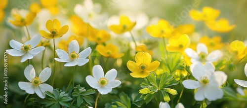 Floral Background Wild Spring Flowers Of Yellow Anemone Ranunculoides And White Anemone Nemorosa