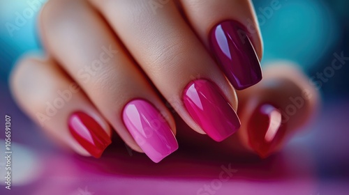 Elegant manicure application with a focus on polished nails A woman in a salon is seen applying nail varnish Close up of vibrant nail colors