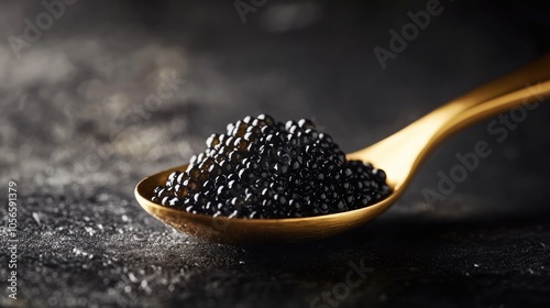 Luxury black caviar presented in a golden spoon showcasing its rich texture against a dark backdrop