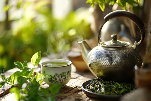 Freshly brewed green tea in a teapot, with loose tea leaves and a cup nearby photo