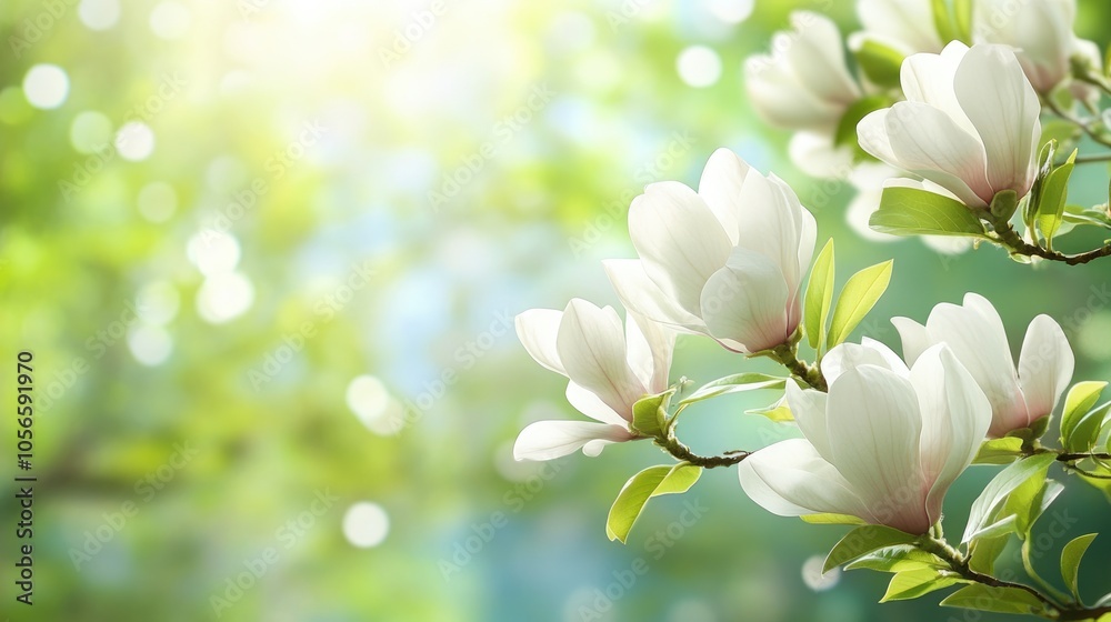 White magnolia flower branch with a lush green spring backdrop