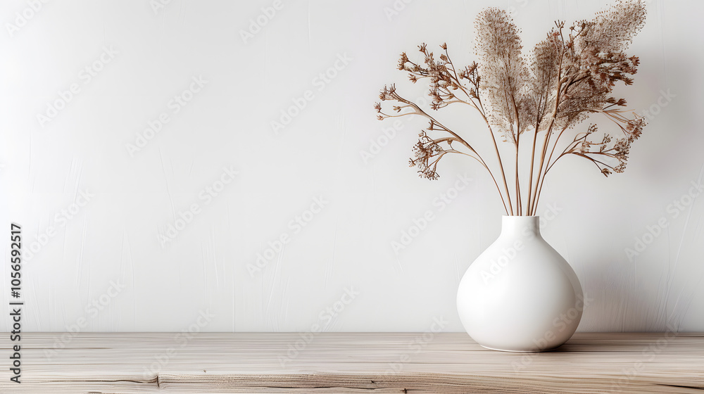 Modern white ceramic vase with dry grass on wooden table. Scandinavian interior. Empty white wall, copy space