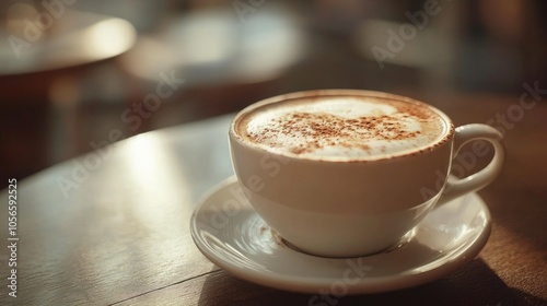 Close up of a fragrant cappuccino in a cup on a table