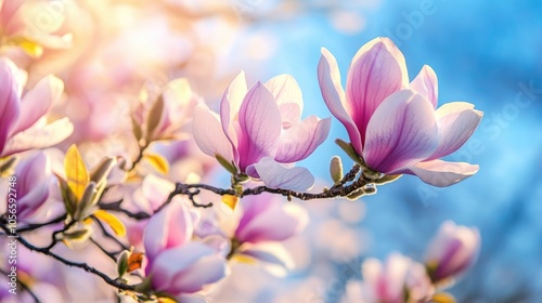 Blooming purple and white magnolia tree in spring against a backdrop of clear blue sky