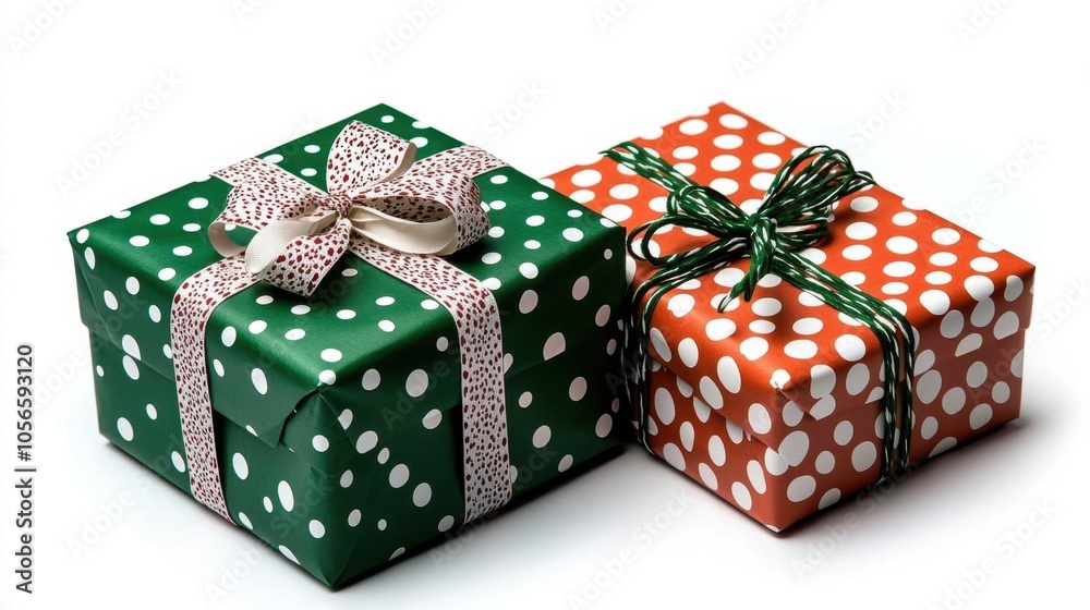 A photostock of red and green wrapped presents on a white background with festive patterns. A photostock of red and green wrapped presents on a white background with festive patterns.