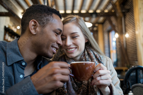 Multiracial couple enjoying coffee at a cozy cafe photo