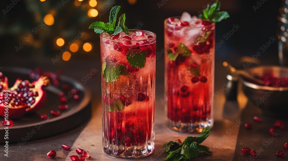 Festive beverage pomegranate cocktail and mint mocktail featuring pomegranate Festive beverage pomegranate cocktail and mint mocktail featuring pomegranate