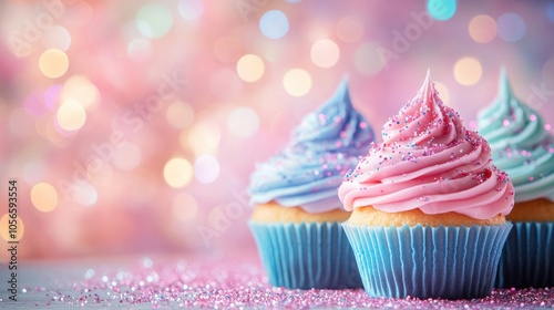 Colorful cupcakes with vibrant frosting in pink and blue featuring a magical sparkly appearance perfect for celebrations set against a dreamy bokeh background photo