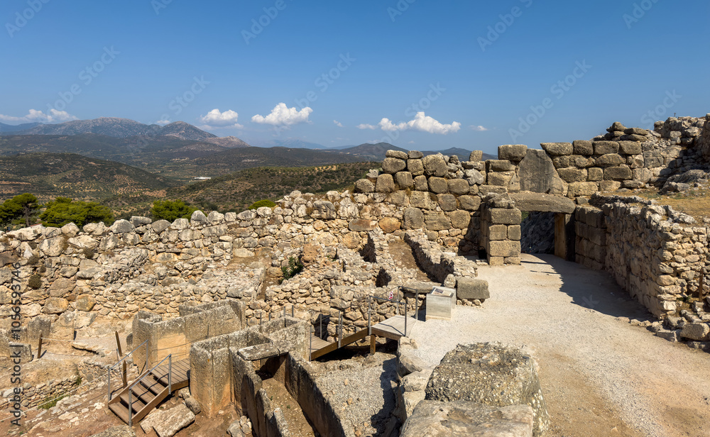 Mycenae, Greece. Archaeological site, main entrance of the citadel, Lion gate and cyclopean masonry,