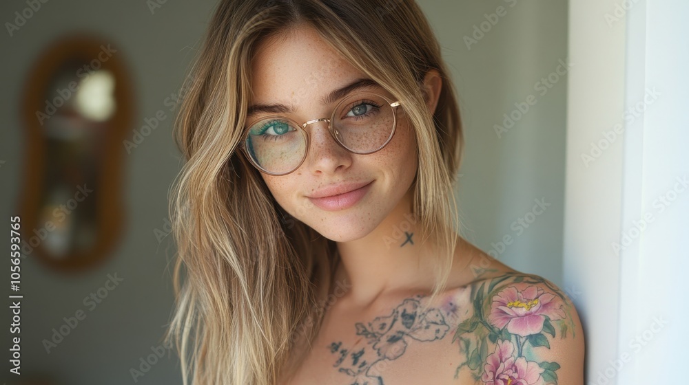 A stylish young woman showcasing her floral tattoos and glasses smiles warmly at the camera while standing in a sunlit interior. The atmosphere is inviting and relaxed. A stylish young woman showcasing her floral tattoos and glasses smiles warmly at the camera while standing in a sunlit interior. The atmosphere is inviting and relaxed.