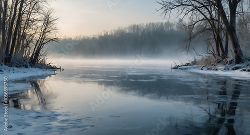 Frozen lake scene with a layer of ice covered by snow, scattered leafless trees around the shore, and light fog hanging over the surface, creating a tranquil and mysterious winter landscape.