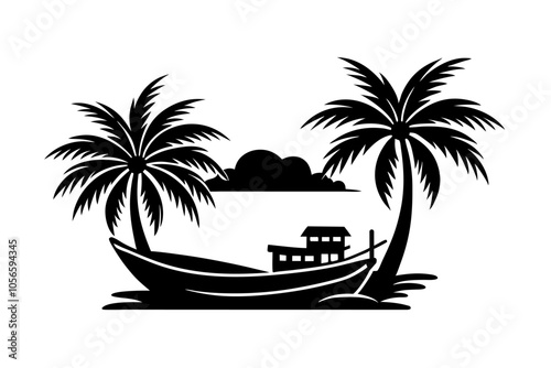 Plum tree under the river with boat vector on white background
