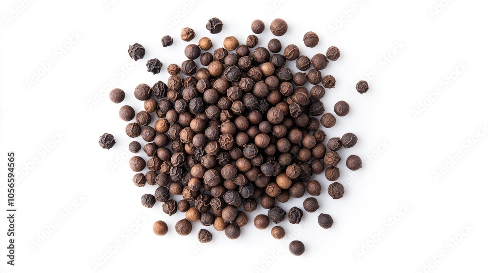 Heap of black pepper seeds isolated on a white background viewed from above Heap of black pepper seeds isolated on a white background viewed from above