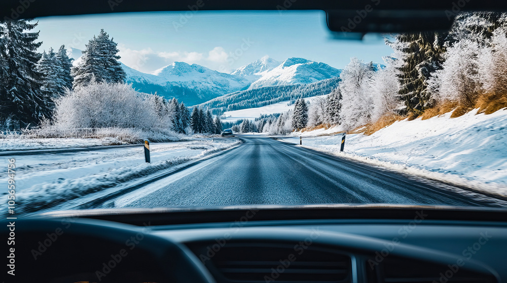 Scenic winter landscape of snowy mountains and pine forests as seen through a car windshield on a bright day