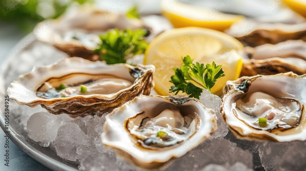 Fresh oysters on an ice platter A luxurious seafood delicacy served with lemon Fresh oysters on an ice platter A luxurious seafood delicacy served with lemon