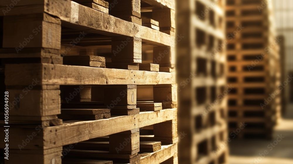 Wooden pallets stacked inside a warehouse ready for shipment Wooden pallets stacked inside a warehouse ready for shipment