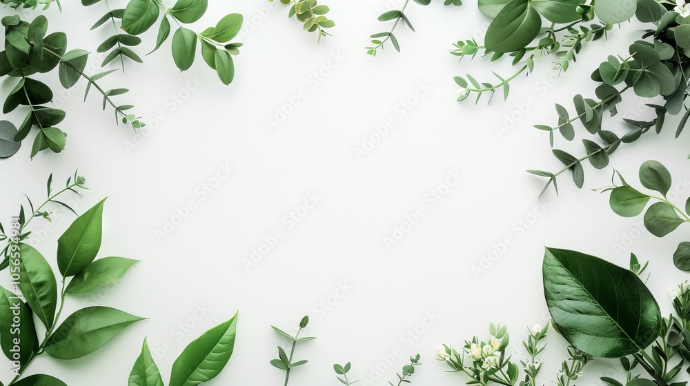 A collection of fresh green leaves and branches arranged on a white background, perfect for nature and botanical themes.