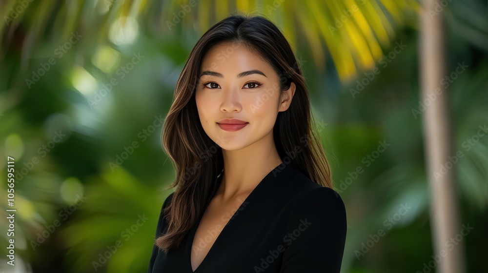 Confident Young Woman Posing in a Lush Green Environment with Natural Light Confident Young Woman Posing in a Lush Green Environment with Natural Light
