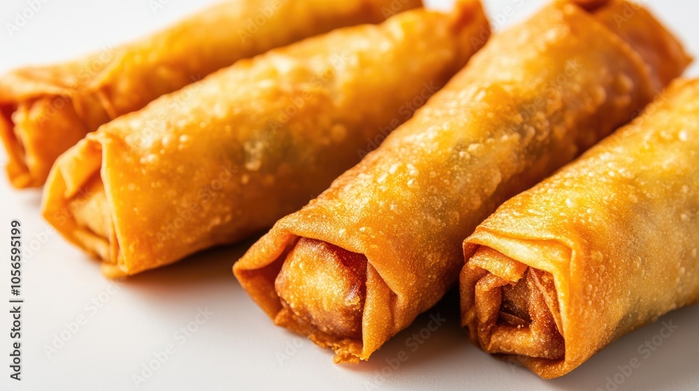 Close up of crispy egg rolls against a simple white backdrop Close up of crispy egg rolls against a simple white backdrop